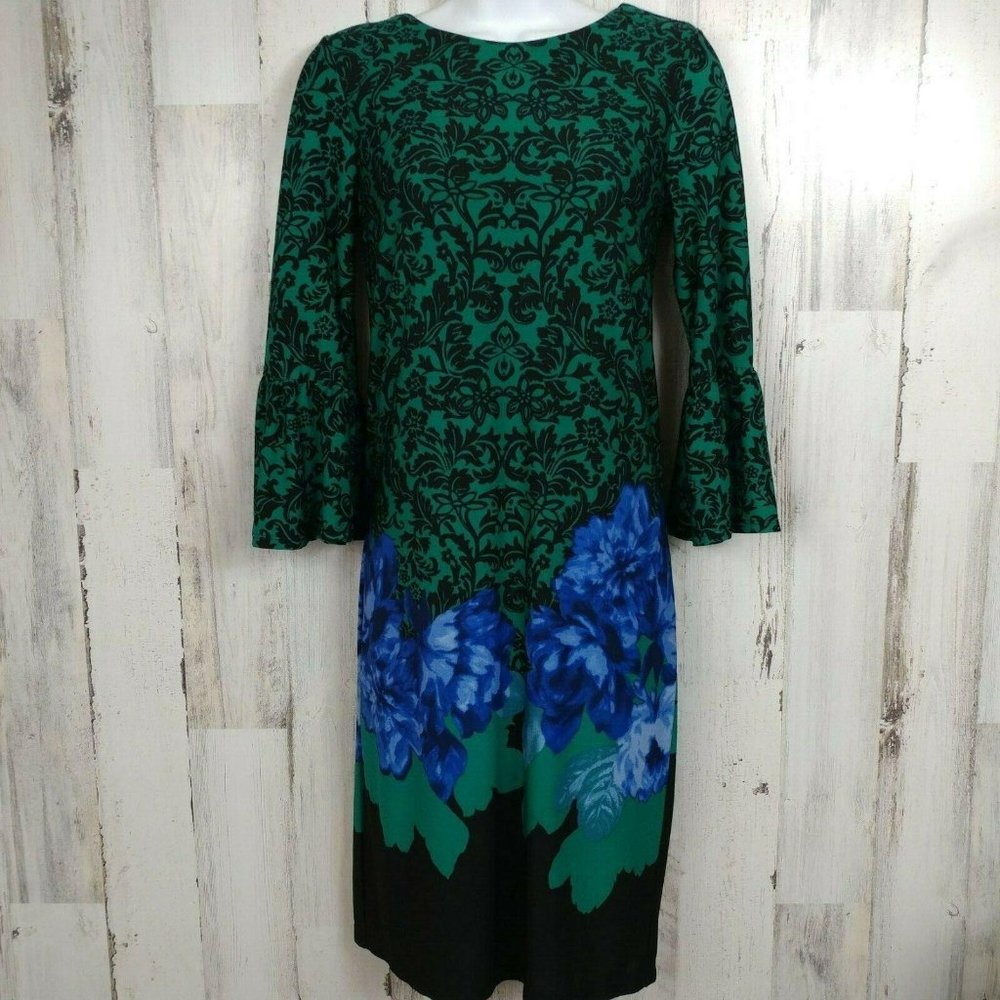 Size XS Dress Bell Sleeves Damask and Floral Print 3/4 Sleeve